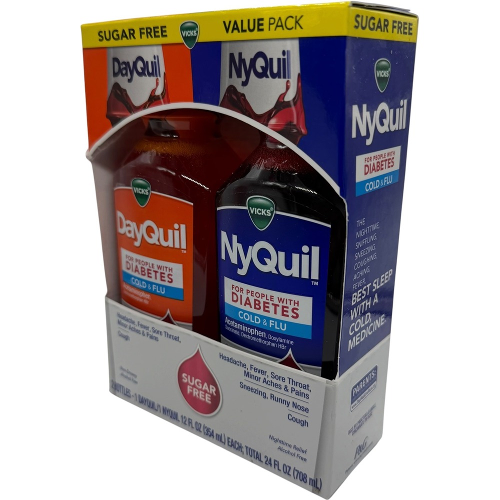 Vicks DayQuil NyQuil Diabetes Cold & Flu Sugar Free Liquid 24oz Value Pack New